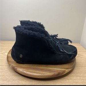 UGG Alena Size 7 Black Suede Cuff High Top Suede Wool Moccasin Slippers Shoes.